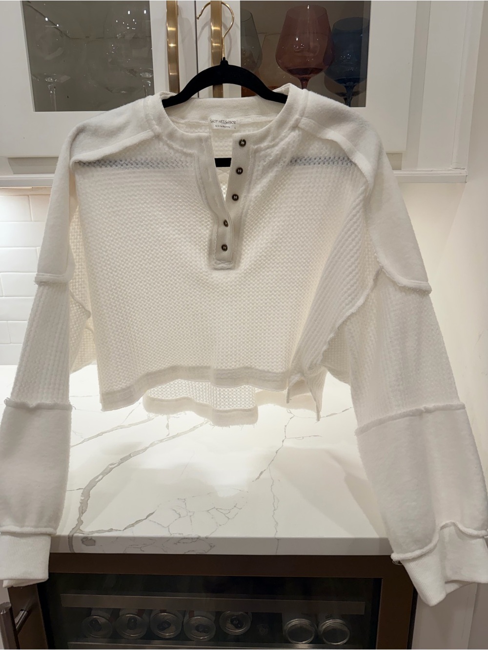 Cropped Off-White Henley Thermal Sweater